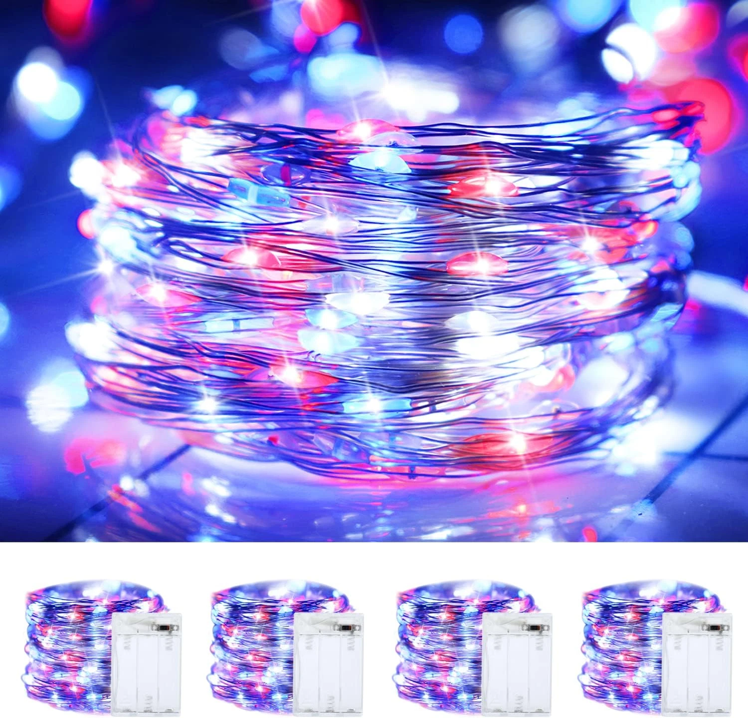 Curyidy 4th of July String Lights Independence Day Decorations, 4 Pack 100LED Co
