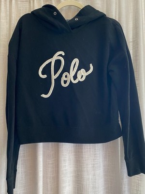 Polo Ralph Lauren Hoodie Women Med Black Big Logo Stitched Pullover Sweatshirt