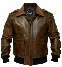 Mens A2 Vintage Distressed Brown Real Leather Classic Pilot Bomber Flight Jacket