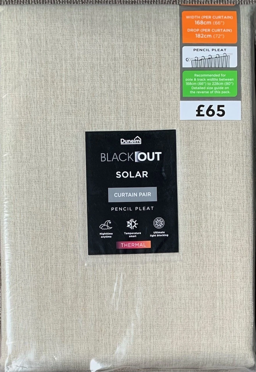 Dunelm Solar Ecru Beige Thermal Blackout Pencil Pleat Curtains - 3 sizes (Pair)