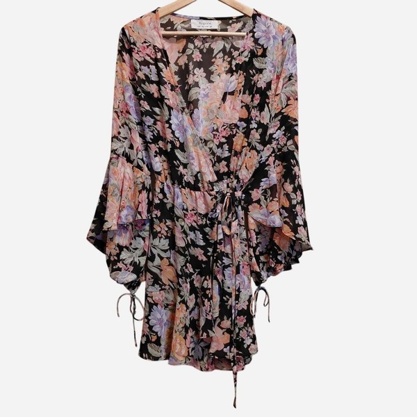Augustine Floral Wrap Dress Womens  Black Pink Sheer Kimono Sleeve boho mini  8