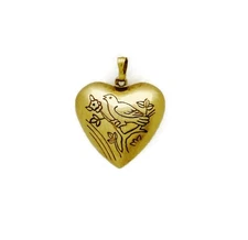 2 Vintage Brass Puffed Heart Etched Bird In Tree Design 24mm. 3D Pendants 5746P