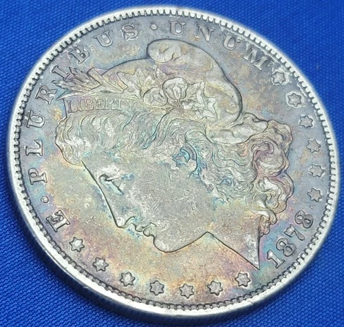 1878-S 7 Tail Feathers Rainbow Morgan Silver Dollar XF Condition