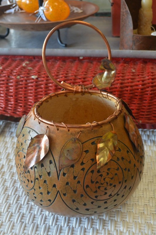 Susan Wolf / Lynn Windsor VA Handcrafted Gourd w/ Copper Leaves & Wall Handle