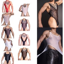 Mens Glossy See Through Bodysuit Lingerie Bulge Pouch Stretchy Jumpsuit Swimsuit