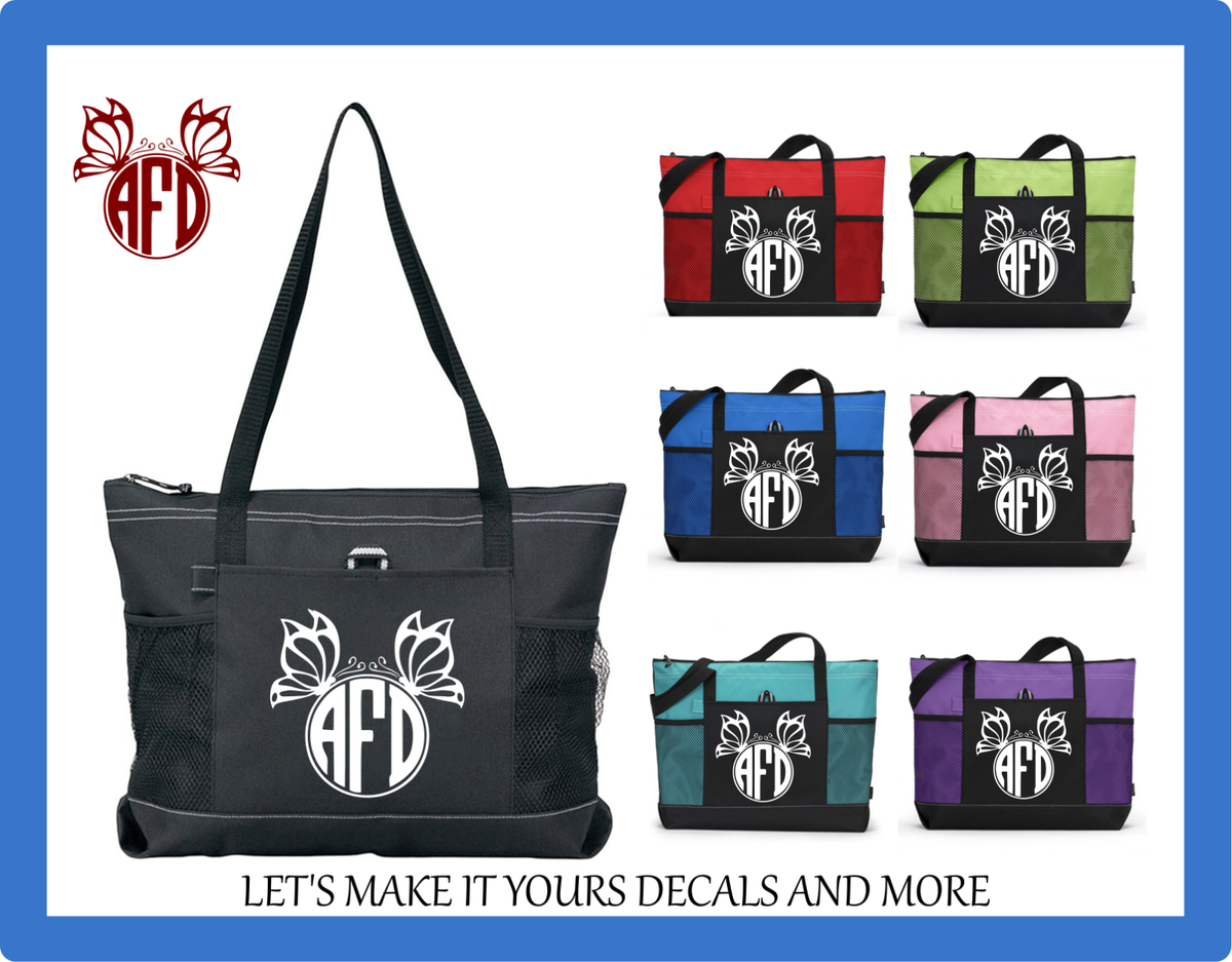 BUTTERFLY MONOGRAM NAME CUSTOM TOTE PURSE SCHOOL SPORTS GYM DIAPER BAG ZIPS