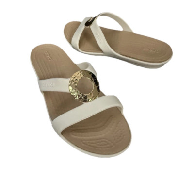 Crocs Sanrah Circle W7 Hammered Slide Sandal Oyster/Gold NEW