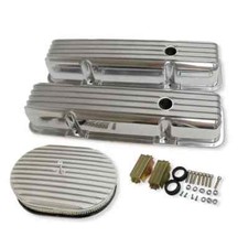 58-86 Sbc Chevy Retro Finned Polished Aluminum Tall Valve Cover 12 Air Cleaner
