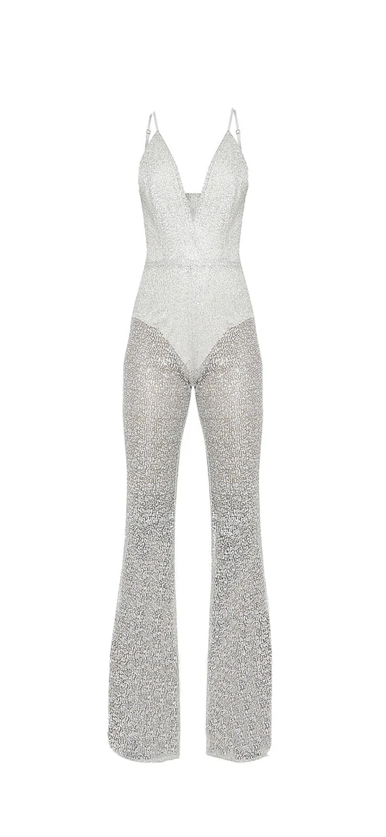 Prettylittlething Silver Glitter Mesh Plunge Jumpsuit Romper Wide