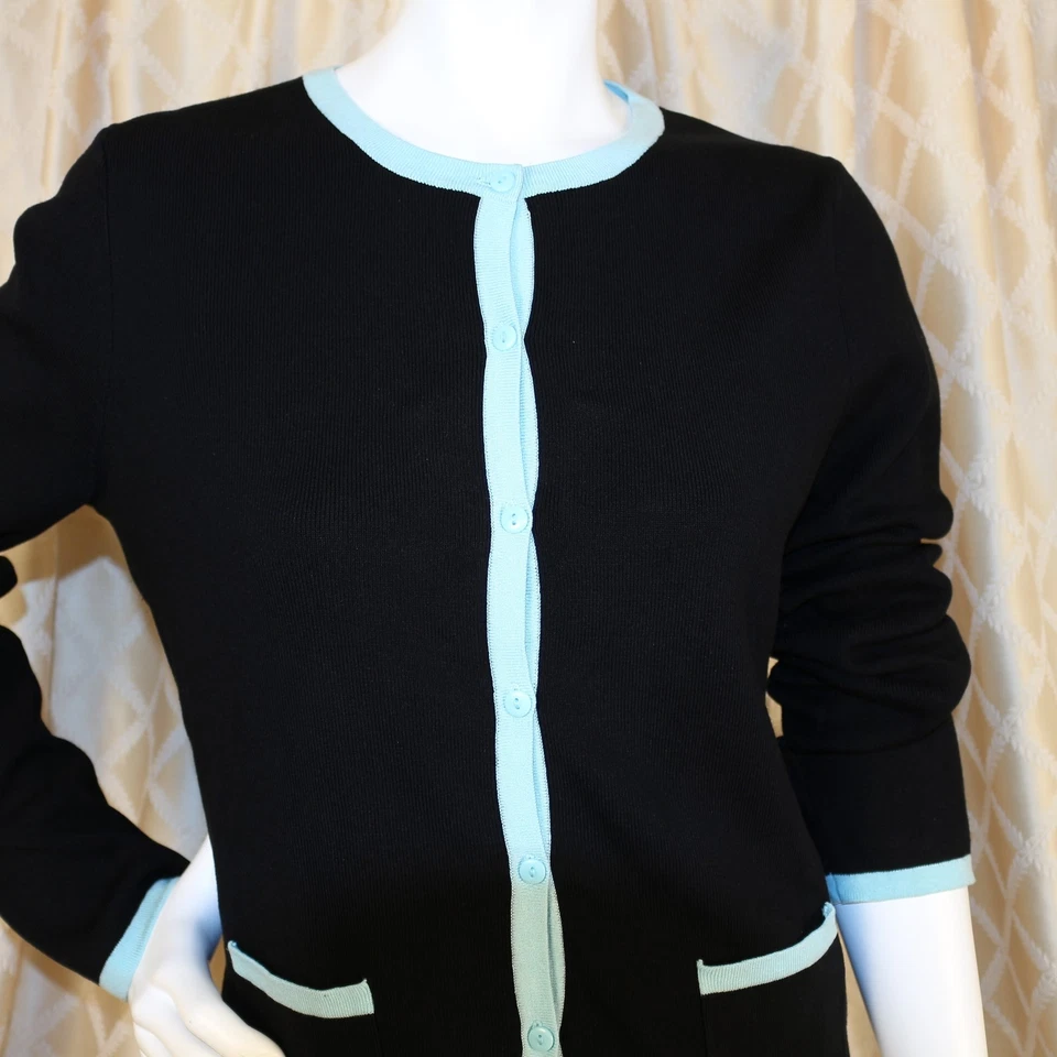 EVIE Black Turquoise Blue Trim Silk Blend Knit Women Cardigan Sweater Size L - Image 2 of 4