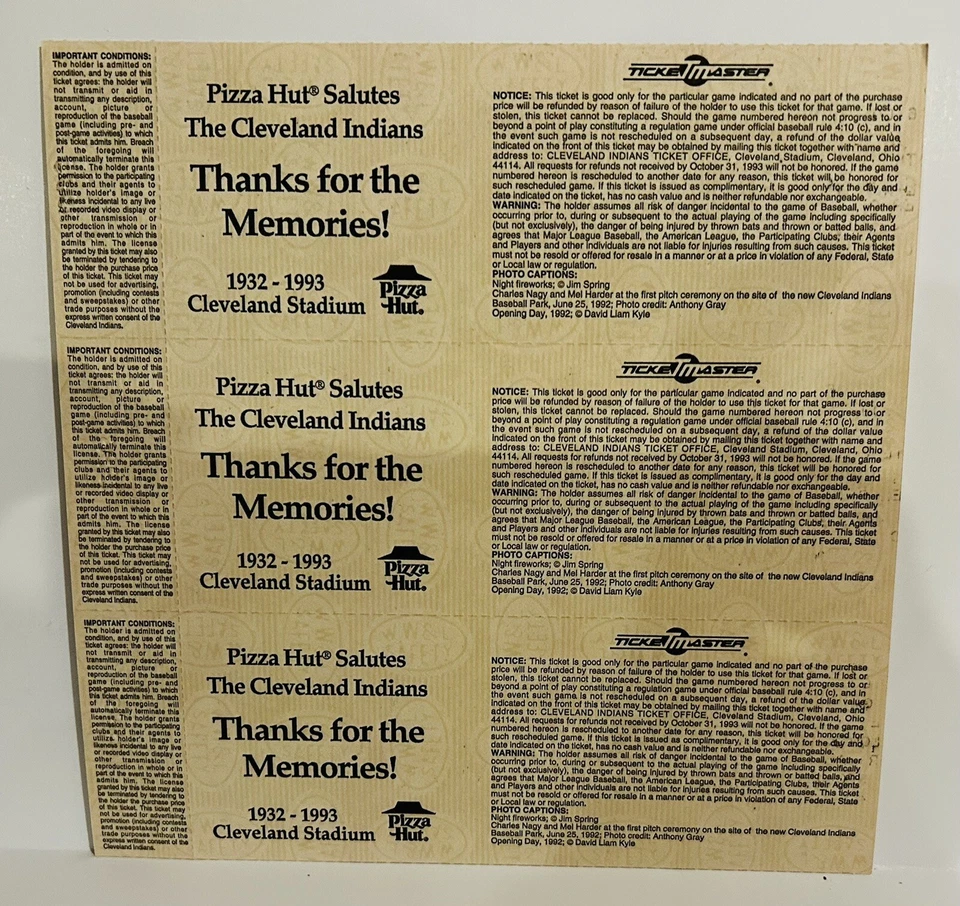 1993 Cleveland Indians Municipal Stadium Final Series Uncut Tickets. Embossed - Image 2 of 3