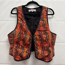 Vintage Y2K Free People Quilted Boho Vest XL Orange Black Made in India