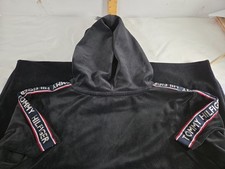 Tommy Hilfiger Velour Hoodie Black Logo Tape Edgy Streetwear Punk Goth Vibe