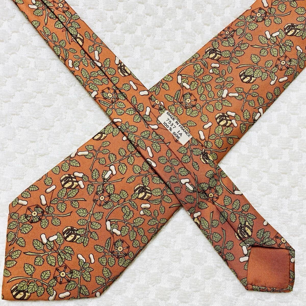 HERMES Tie Silkworm Sericulture Mulberry Leaves Cocoon Raw Silk All over Pattern thumbnail 5