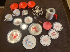 Vintage Lot Aluminum Plastic Play Dishes Plates Pans Cups Toy Kitchen Cookware