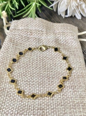 Quatrefoil Chain Bracelet Brass Black Enamel Gold Tone