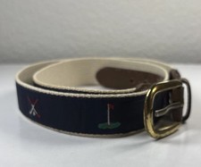 Vintage Canterbury Ribbon Belt Crossed Clubs Navy Solid Brass Buckle Sz 34 Prep