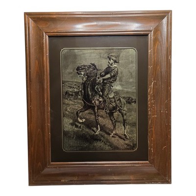 Vintage 1974 Lucid Lines Frederic Remington Old West Cowboy Rider Glass 13 x 10