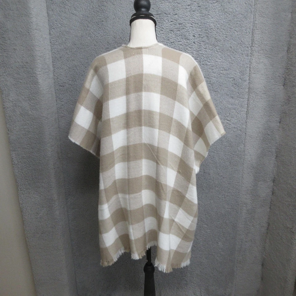 LOFT Buffalo Plaid Ruana Wrap Poncho Women XS/S Beige White Fringe Cozycore Fall - Image 2 of 4