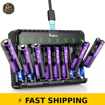 POWXS Rechargeable Lithium AA Batteries 3500mWh 8-Pack + Charger