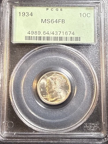1934 10C PCGS MS64 FB Mercury Dime Full Bands White Old Green Holder