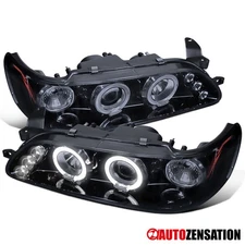 Fit 1993-1997 Toyota Corolla LED Halo Projector Headlights Lamps Black Smoke