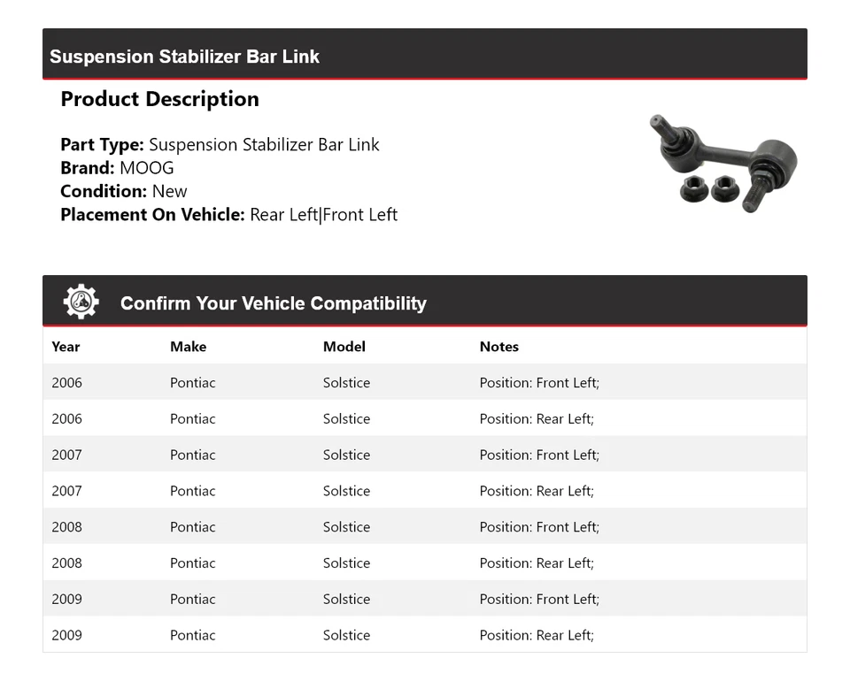 Barra estabilizadora de suspensão Pontiac Solstice 2006-2009 link MOOG 2006 2007 - Imagem 2 de 4