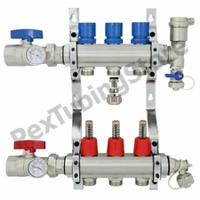 3-Branch PEX Radiant Floor Heating Manifold Set - Brass, for 3/8” 1/2” 5/8” PEX