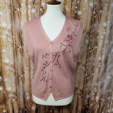 VTG Koret Mauve Pink Embroidered Women's M Button Up Sweater Vest Vintage