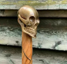 Nautical Handmade antique Brass Skull Head brown wooden Walking Stick canes