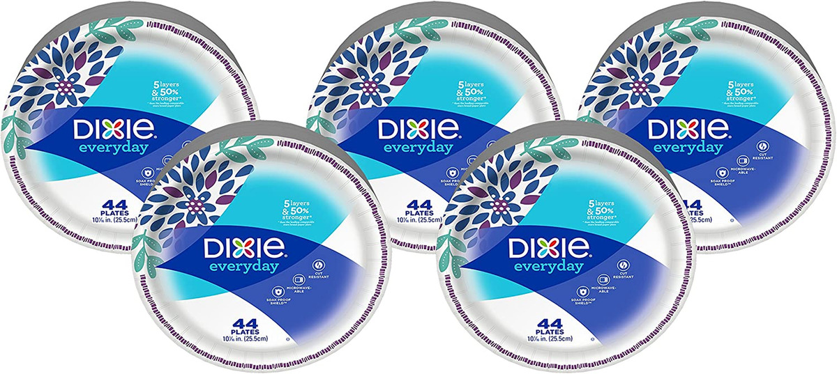 Dixie Everyday Paper Plates, 10 1/16, 220 Count, 5 Packs of 44 Plates, Dinner