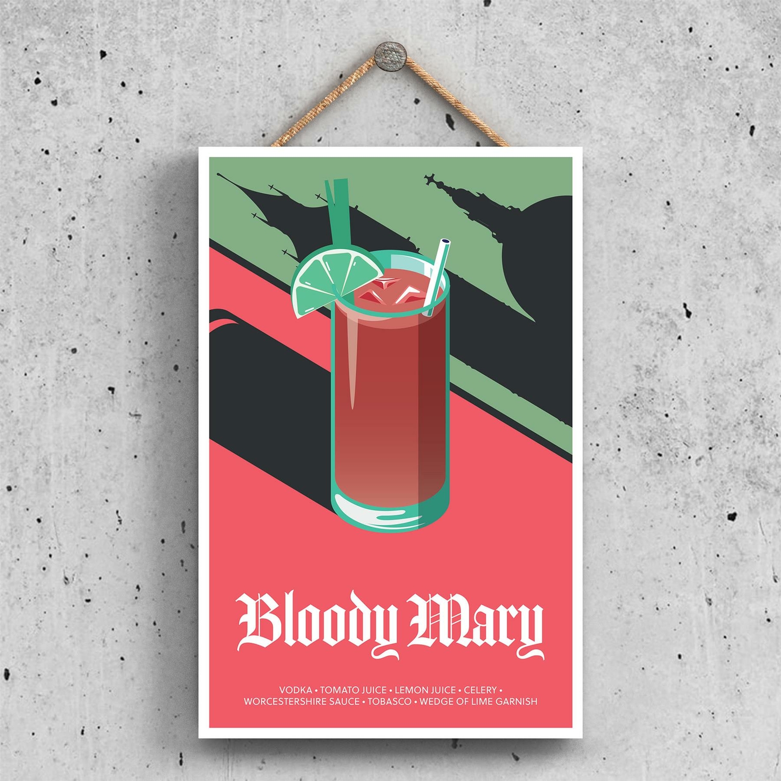 BLOODY MARY IN GLASS MODERN STYLE ALCOHOL THEME WOODEN HANGING PLAQUE