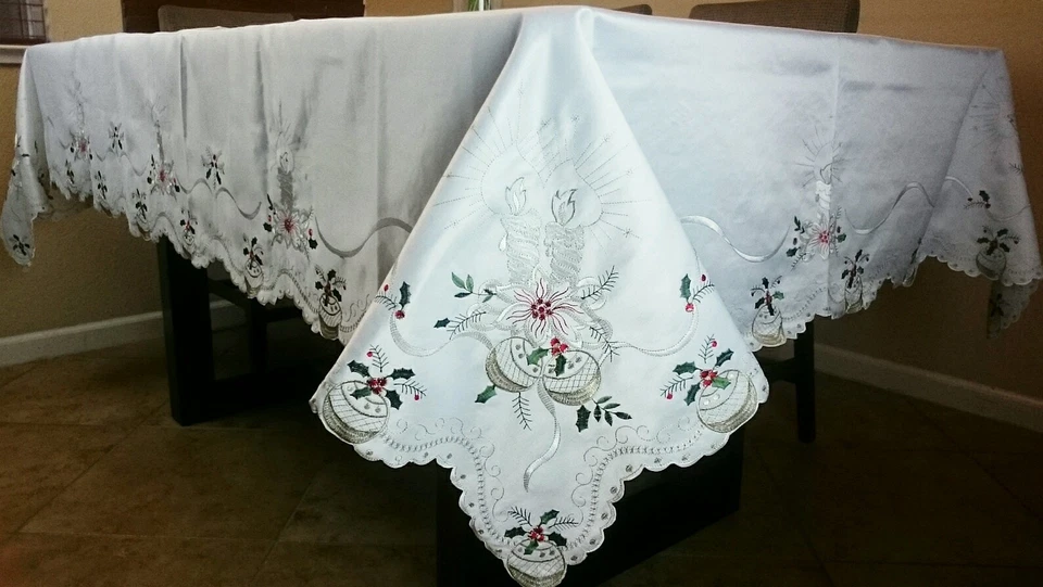 Beige 72x126" Embroidery Silver Candle Ornament Christmas Tablecloth 12 Napkins - Image 4 of 4