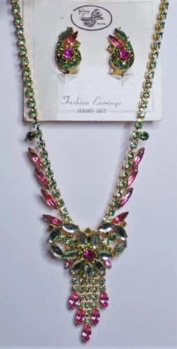 VERIFIED JULIANA D&E PINK FUCHSIA GREEN NECKLACE EARRINGS RARE ORG CARD DEMI SET