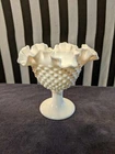 Vintage MCM Fenton Milk Glass Hobnail Ruffled Candy Dish