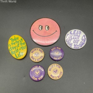 Vintage Pinback Button Lot 1970s Novelty Wine Smiley Counterculture 7 Pieces