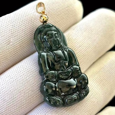 Burmese Natural Dark Green Jadeite Pendant 'Buddha for Happiness Health' 36x22mm