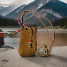 Vintage Small Leather BAG Beaded Medicine Pouch Survival Necklace