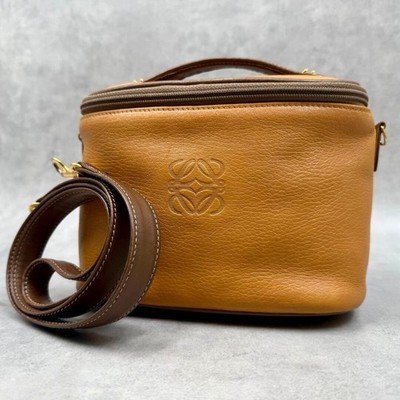 LOEWE Anagram Vintage 2Way Vanity Bag Brown Leather Crossbody Handbag Gold Zip