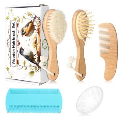 Esonto Baby Hair Care Kit, 5 in 1 Wooden Natural Goat Bristles Brush Cradle C...