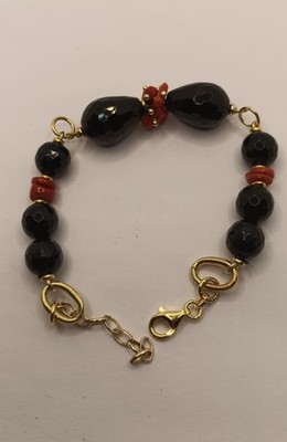 ARMBAND ONYX SCHWARZ UND KORALLE ROT SILBER VERGOLDET 19-22 CM EXPLOIT