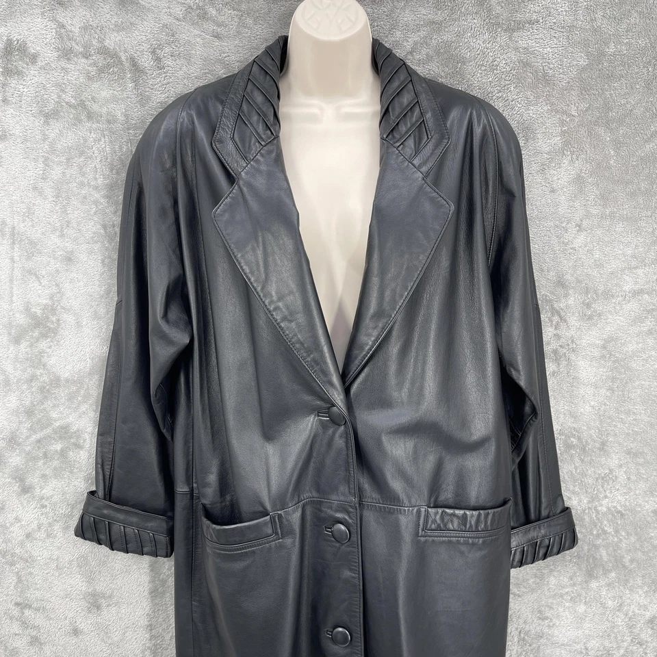 Vintage Leather Over Coat Women 90s Trench Statement Edgy Retro Staple Size M - Image 4 of 4