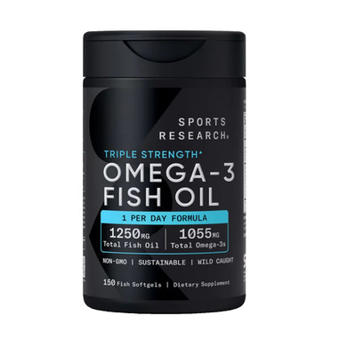 Sports Research Wild Alaskan Fish Oil 1250mg 3X Strength Omega-3 150 Softgels