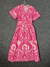 Crown & Ivy Womens Tropical Printed Midi Dress Size Small Pink Belted Resort