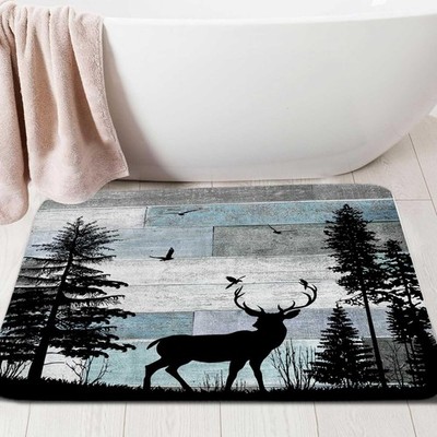 Rustic Blue Bath Rugs for Bathroom, Vintage Farmhouse Animal Deer Forest Pine...