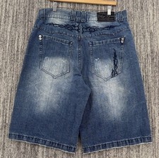VTG Men  s Cyber Baggy Long Wide Blue Jean Shorts Jorts 36x15 Embroidered Y2K