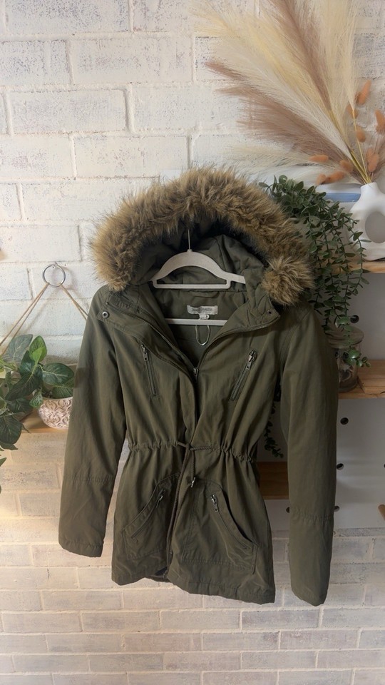 Just Jeans Green Hooded Fur Trim Zip Mid-Length Parka Jacket Womens Size 6