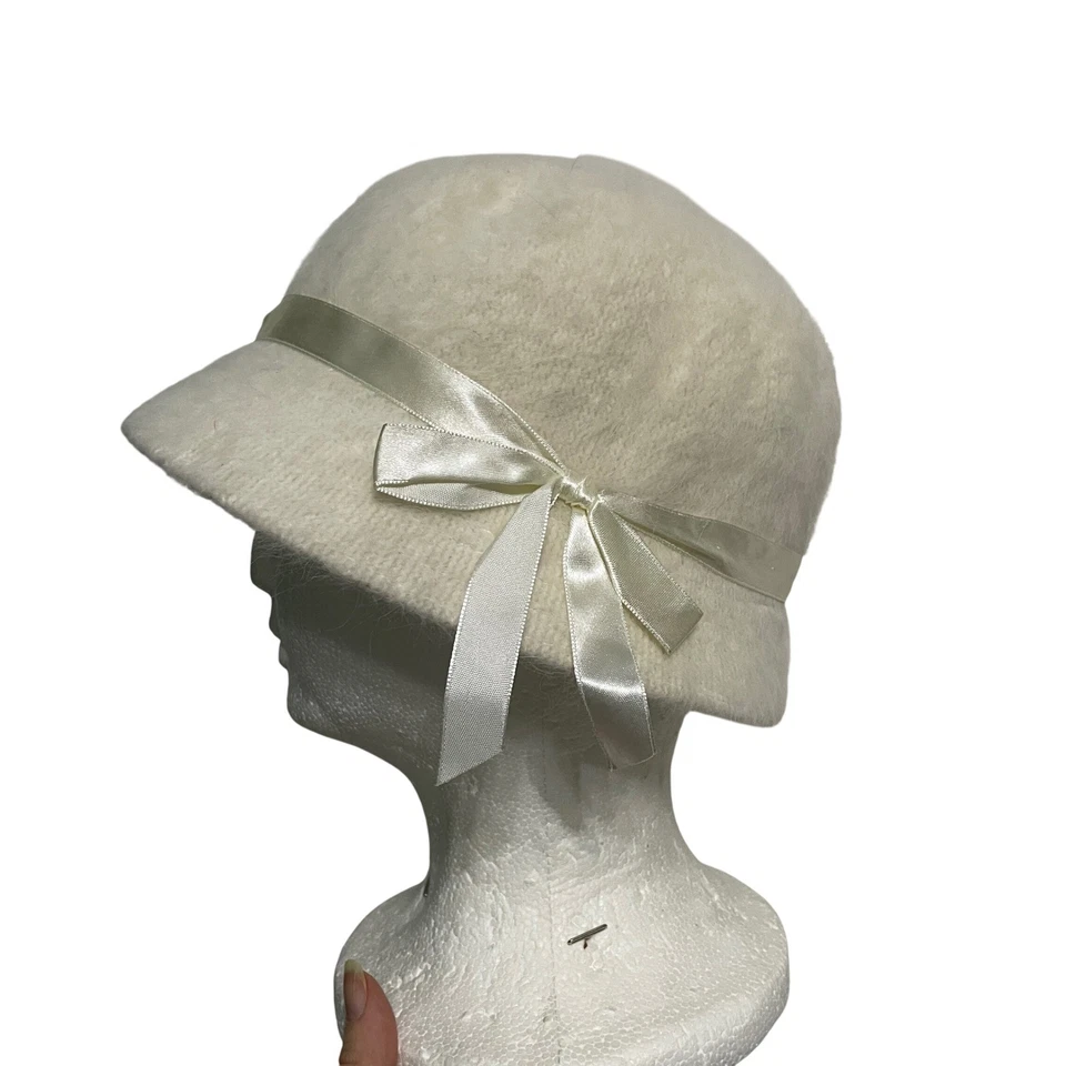 Mujer Difuso Marfil Angora Lana Cloche Cubo Sombrero con Lazo Retro Delicado Pastel Foto 2 de 4