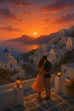 Digital Photo Art, Romantic couple watching sunset, like-Greek island