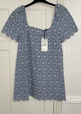 ZARA LIGHT BLUE FLORAL CUTWORK EMBROIDERY PRINT COTTON MINI DRESS SIZE M BNWT
